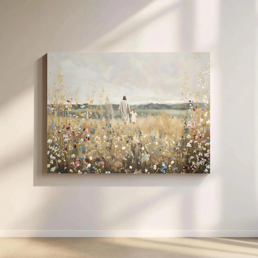 Jesus Walking With Child Canvas Print | Watercolor Wildflower Meadow | Premium Gallery Wrap Wall Art | Christian Home Decor Gift