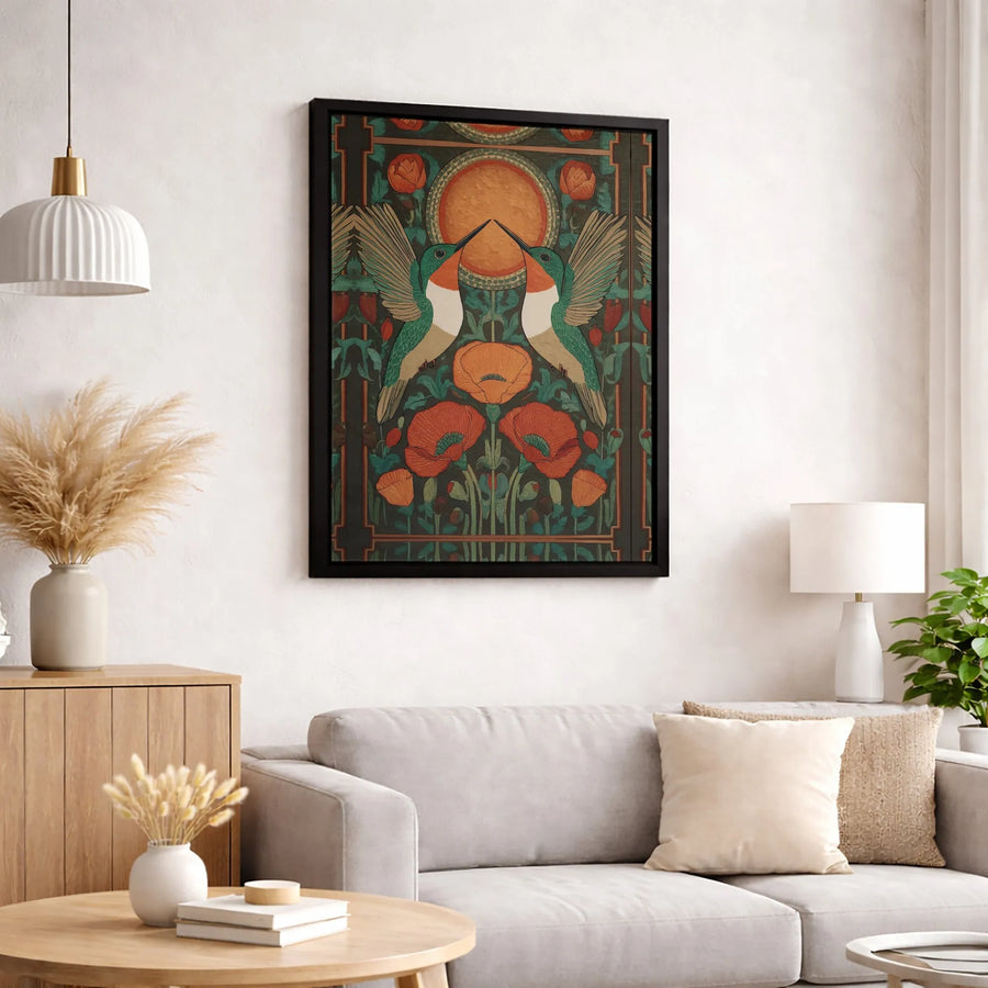 Art Nouveau Hummingbird Canvas Wall Art | Symmetrical Floral Poppy Design | Premium Fade-Resistant Gallery Wrap | Elegant Home Decor Gift