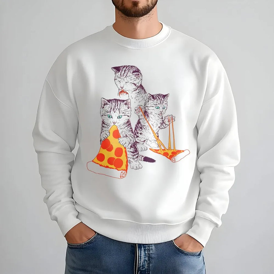Pizza Cat Sweatshirt | Funny Kitten Eating Pizza Graphic | Premium Cotton Blend Crewneck | Cute Animal Lover Gift For Men And Women