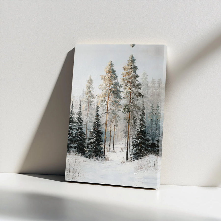 Winter Forest Canvas Print | Snowy Pine Trees Oil Painting Art | Premium Gallery Wrap Wall Decor | Nature-Inspired Landscape Gift For Home