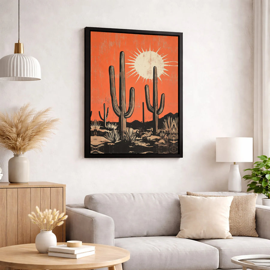 Mid Century Desert Landscape Wall Art | Saguaro Cactus Woodcut Print | Premium Gallery Wrapped Canvas | Southwestern Home Decor Gift