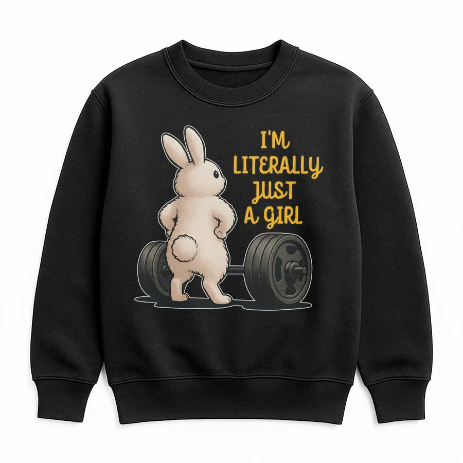 Funny Weightlifting Bunny Sweatshirt | I'm Literally Just A Girl Meme Design | Cozy Cotton Blend | Workout Gift for Women