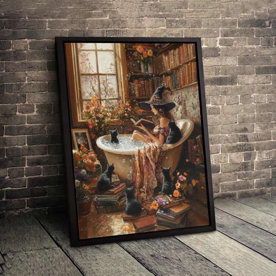 Witch Reading Book Canvas Art | Whimsical Bathtub & Black Cats Decor | Gallery-Wrapped Premium Print | Spooky Gothic Home Gift for Book Lovers