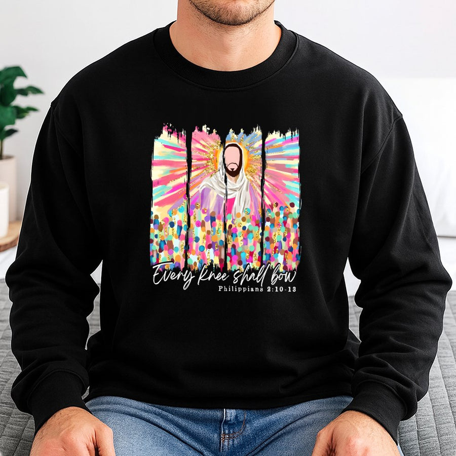 Every Knee Shall Bow Sweatshirt | Religious Bible Verse Graphic Design | Premium Cotton-Blend Comfort | Christian Faith Apparel Gift for Believers