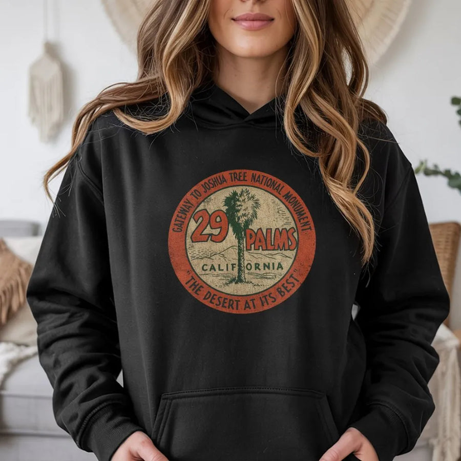 29 Palms California Hoodie | Retro Military Base & Joshua Tree Park Graphic | Soft Cotton Souvenir Tee | Gift for Marines & Veterans