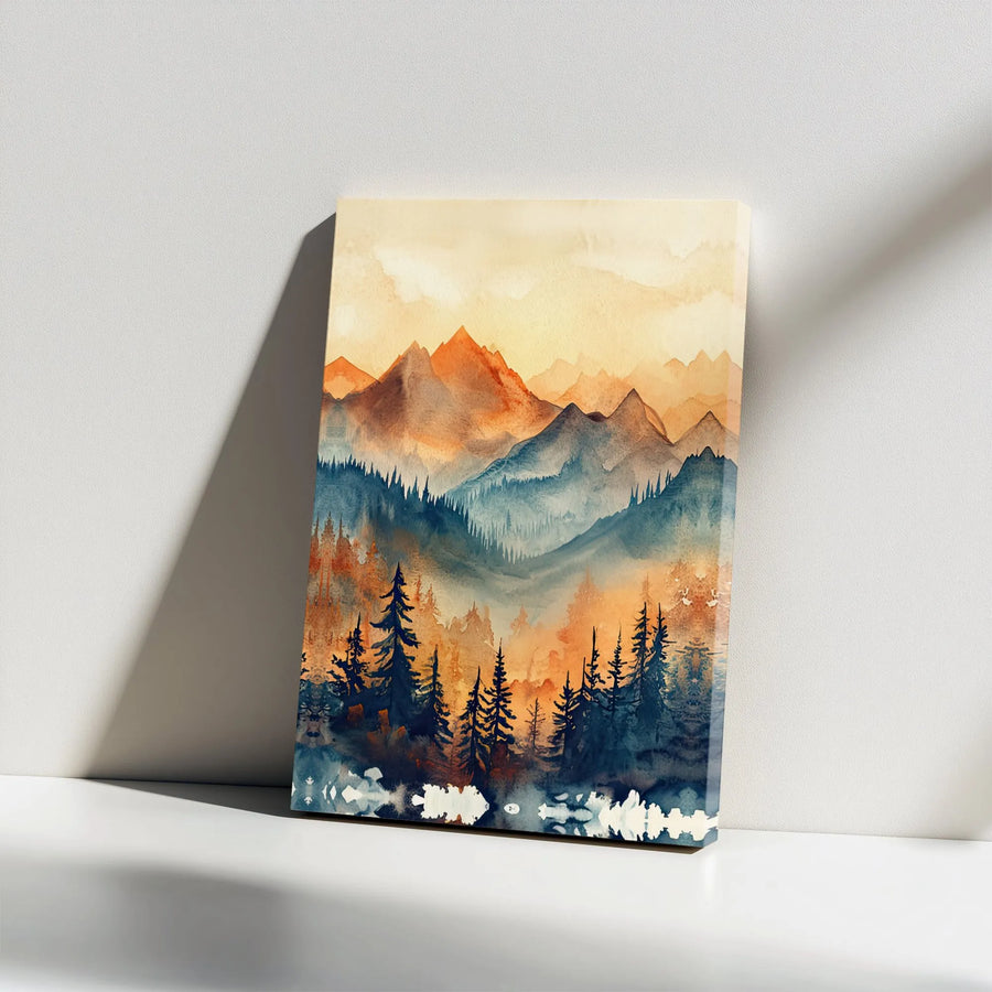 Watercolor Mountain Canvas Print | Orange and Blue Forest Landscape | 1.25 Inch Gallery Wrap | Nature-Inspired Premium Wall Art for Modern Home