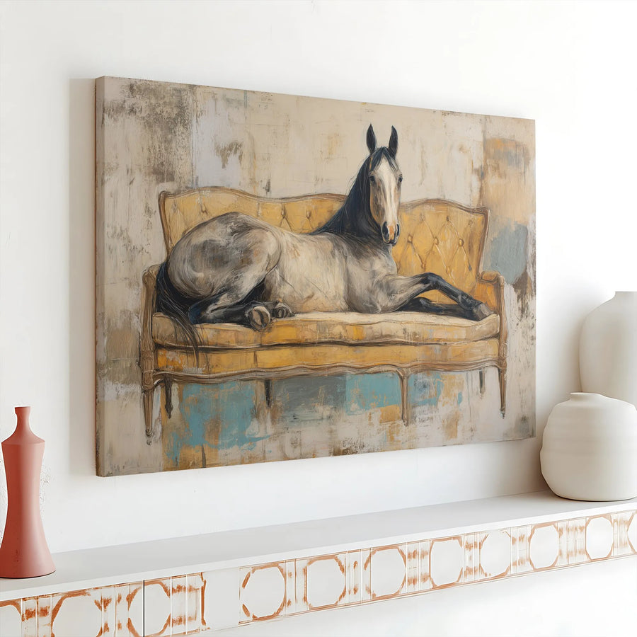 Horse Canvas Wall Art | Whimsical Dapple Gray Horse on Yellow Sofa | Premium Gallery Wrap Canvas | Unique Farmhouse Decor Gift for Horse Lover
