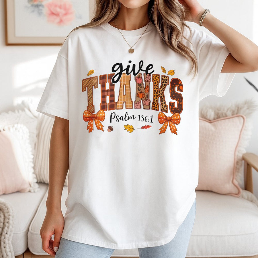 Give Thanks Psalm 136:1 T-Shirt | Fall Aesthetic Coquette Bow Design | Premium 100% Cotton Tee | Thanksgiving Christian Gift for Her
