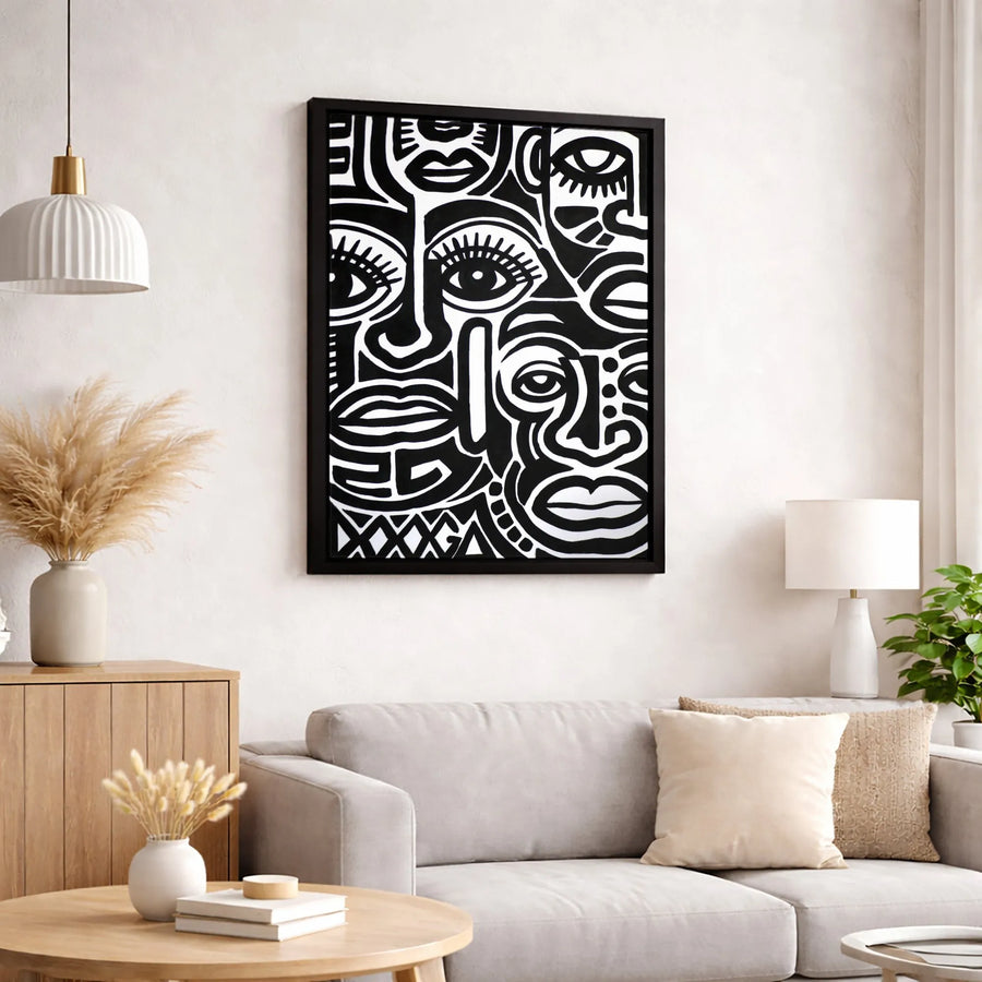 Abstract Faces Canvas Wall Art | Black and White Cubist Geometric Print | Premium Gallery Wrapped 1.25 Inch Profile | Modern Home Decor Gift