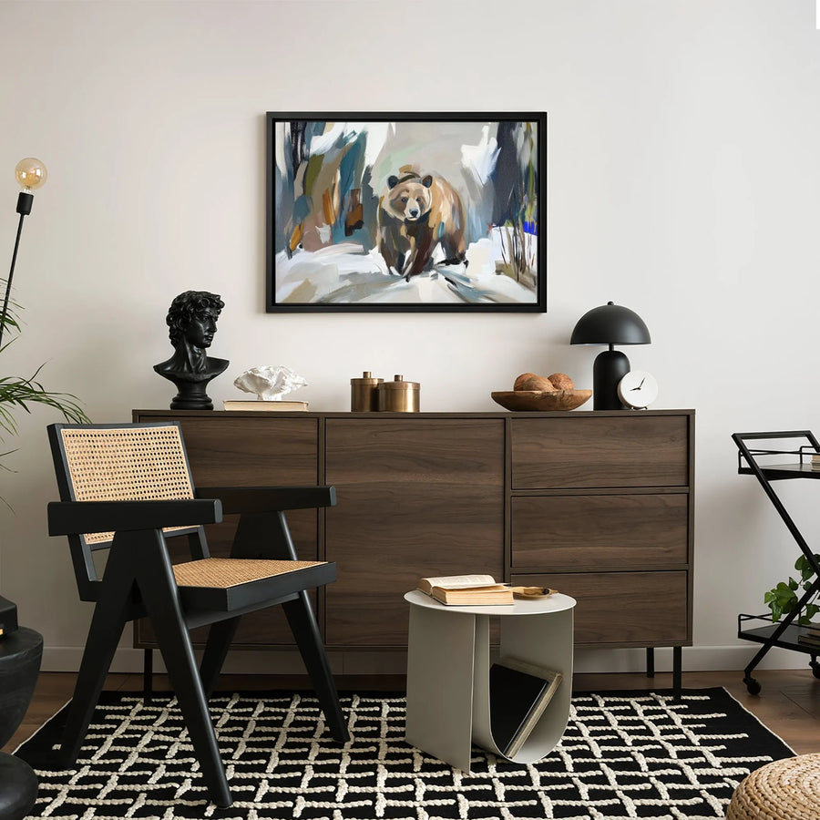 Brown Bear Wall Art | Abstract Snowy Forest Oil Painting Style | 1.25-Inch Gallery Canvas | Nature Lodge Decor Gift for Animal Lovers