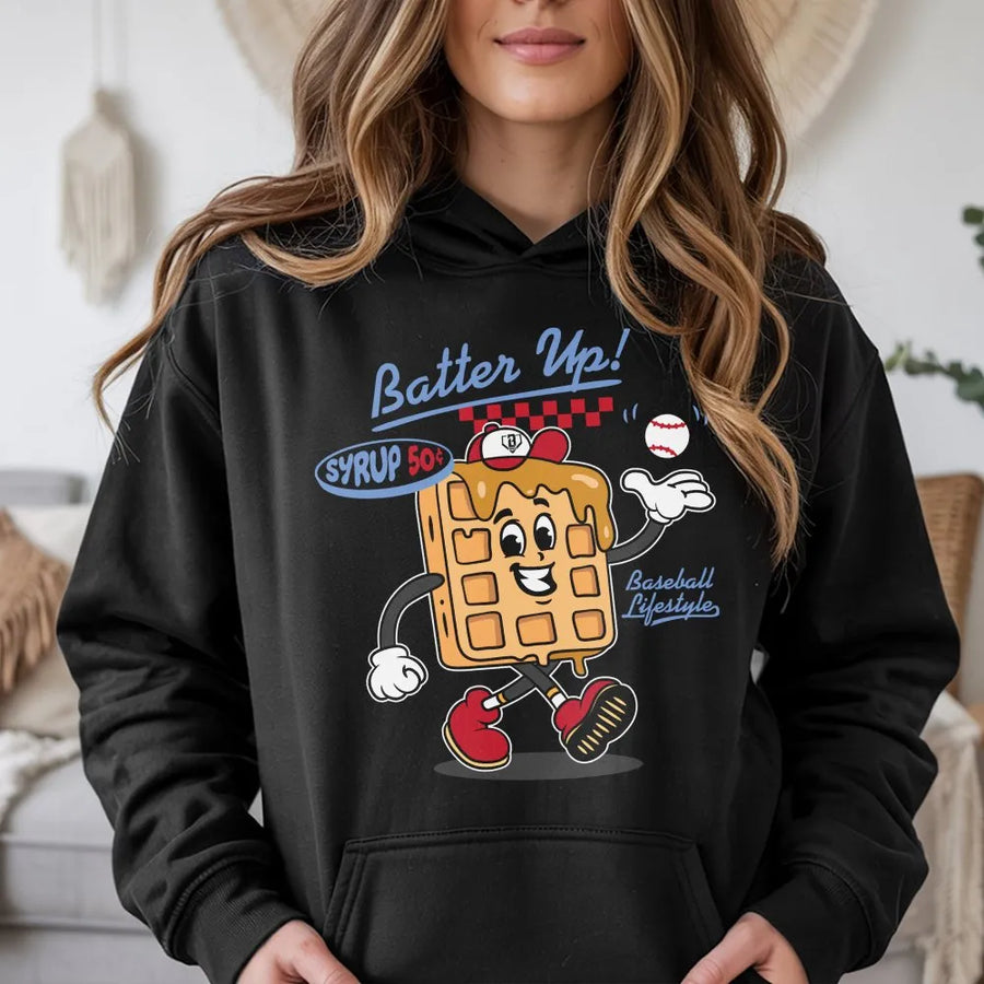 Funny Baseball Hoodie | Retro Waffle Cartoon Character | Soft Cotton Poly Crewneck | Gift for Sports Fan & Baseball Lover