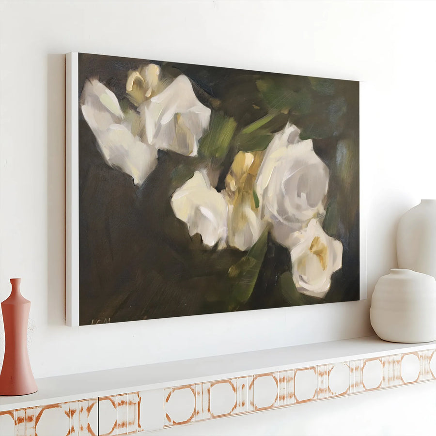 White Rose Painting Canvas Print | Moody Dark Floral Art | Premium 1.25" Gallery Wrapped Canvas | Modern Farmhouse Living Room Decor Gift