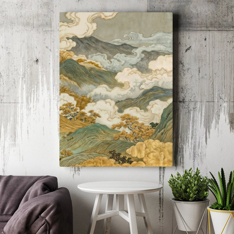 Vintage Japanese Style Mountain Vertical Canvas | Golden Clouds & Green Hills Landscape Art | Premium 1.25 Inch Gallery Wrap Print | Zen Living Room Home Decor Gift