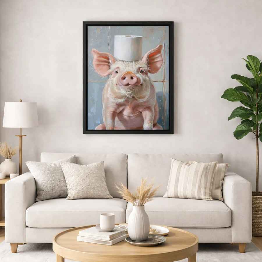 Funny Pig Bathroom Wall Art | Whimsical Toilet Paper Piggy Canvas | Premium 1.25-Inch Gallery Wrap | Unique Gift for Animal Lovers