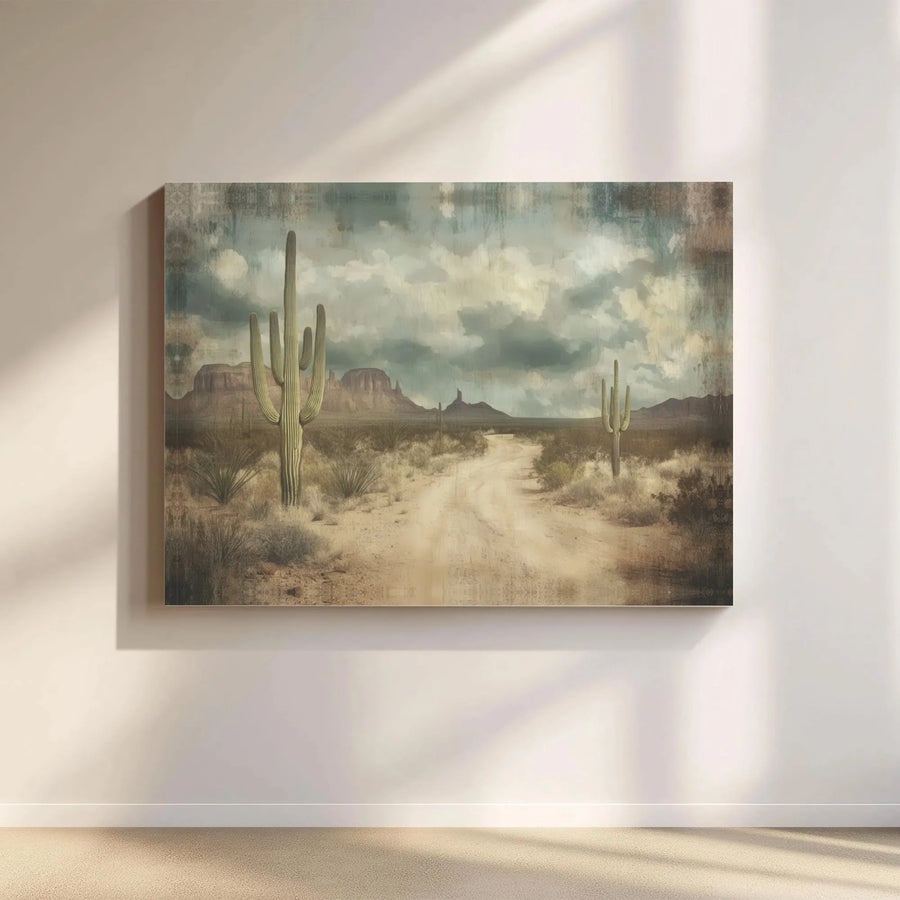 Southwestern Desert Landscape Canvas | Vintage Saguaro Cactus Wall Art | Premium Gallery Wrapped Print | Western Home Decor Gift