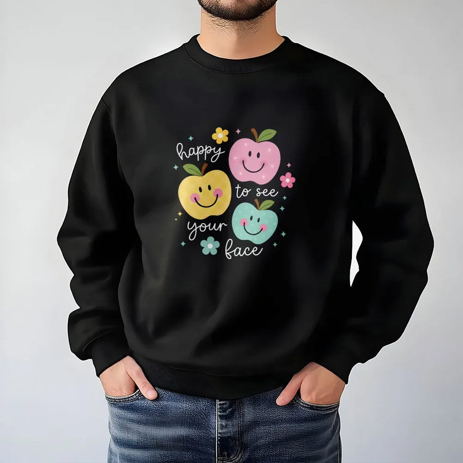 Teacher Sweatshirt | Happy To See Your Face Cute Apples Graphic | Premium Cotton Blend | Gift for Elementary Teacher Back to School