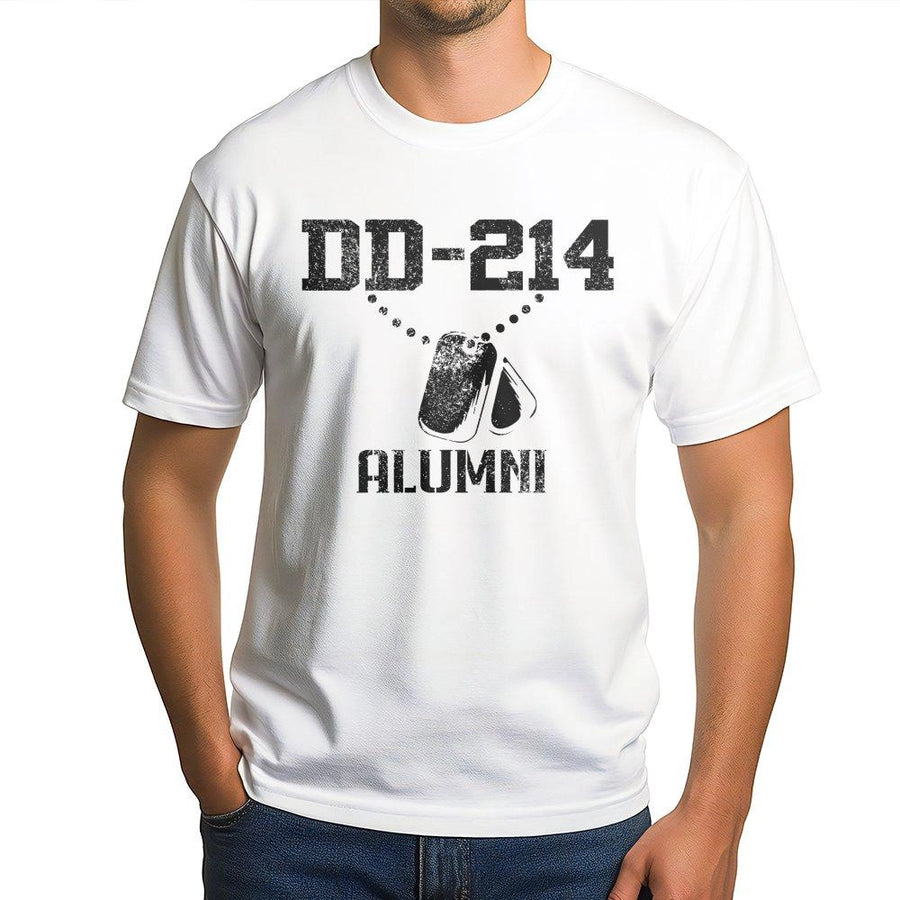 DD-214 Alumni Veteran T-Shirt | Distressed Dog Tag Graphic | 100% Soft Cotton Tee | Proud Military Discharge Gift For Retired Soldiers