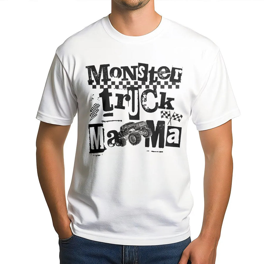 Monster Truck Mama Graphic T-Shirt | Distressed Racing Flag Design | Premium Soft Cotton | Funny Mom Birthday Gift For Racing Fans