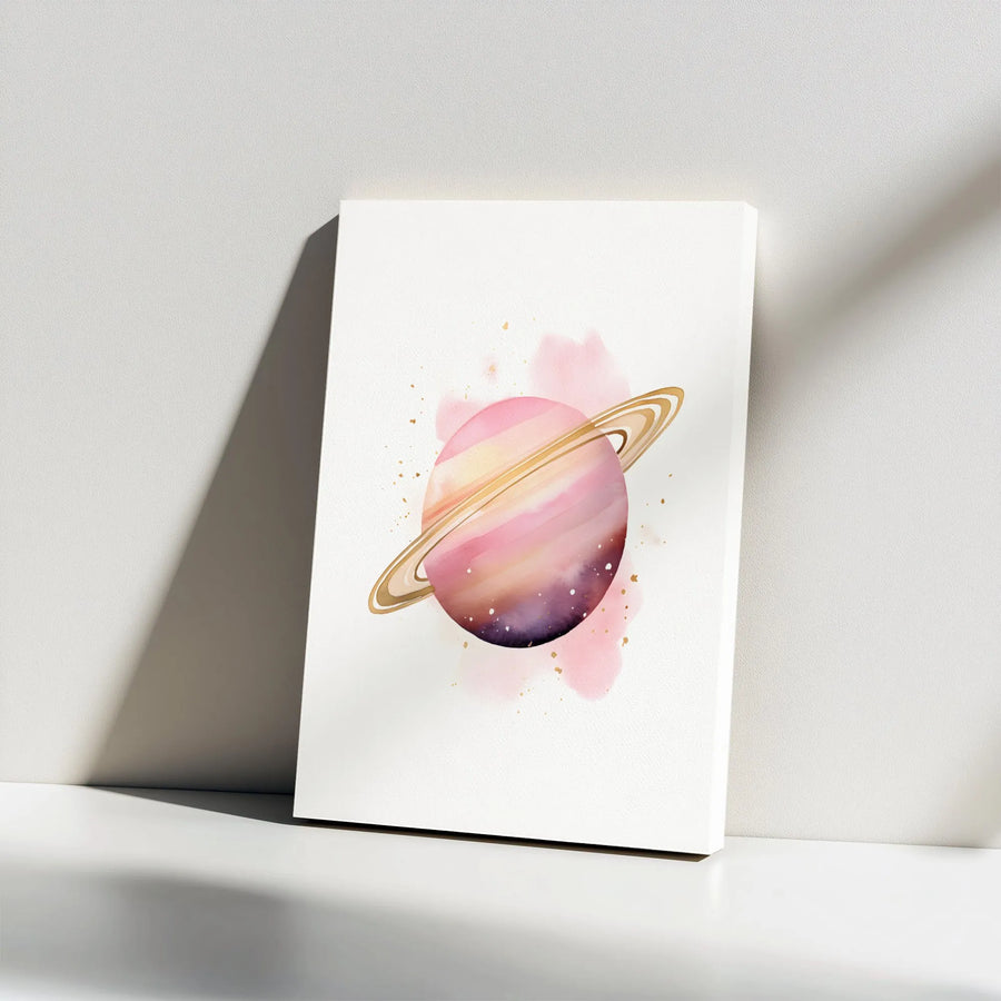 Pink Saturn Planet Canvas Wall Art | Watercolor Space Theme Print | 1.25-Inch Gallery Wrap | Modern Nursery Or Office Decor