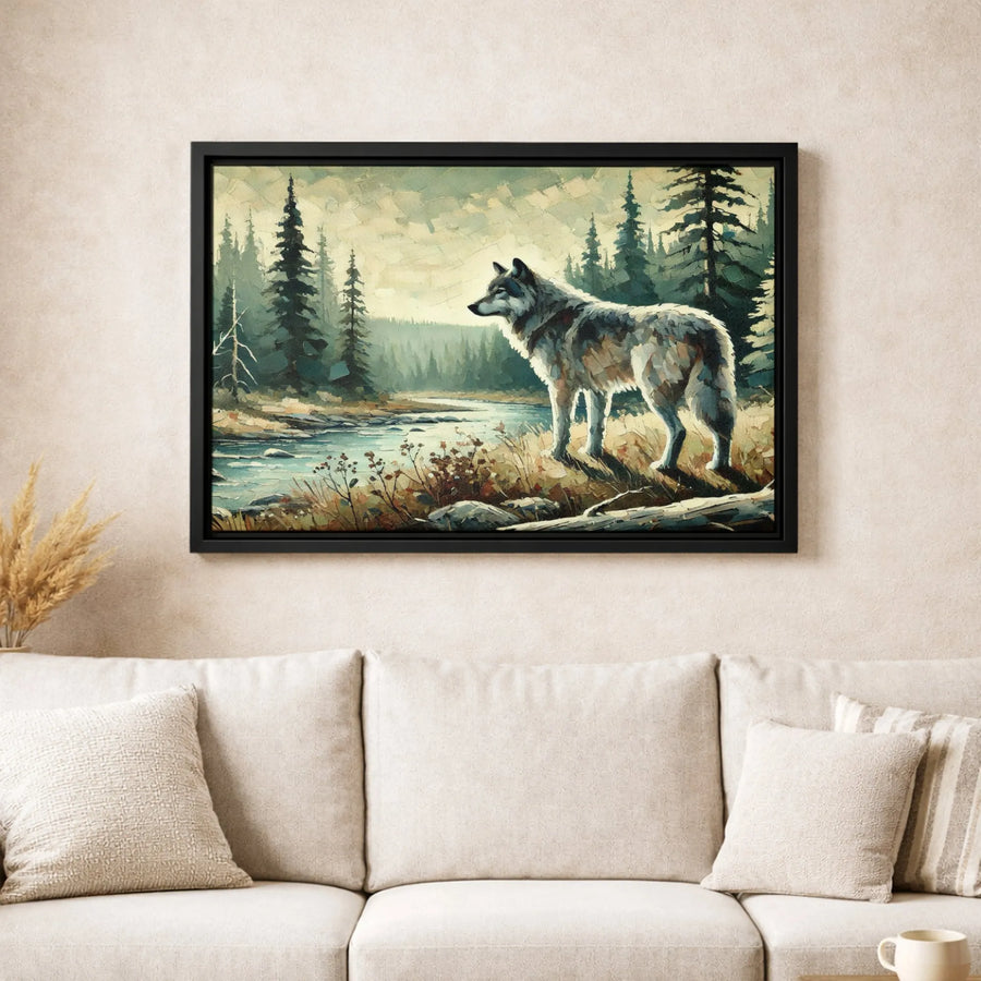 Wolf Forest Wall Art | Impressionist River Landscape Canvas | Premium 1.25-Inch Gallery Wrap | Wildlife Nature Home Decor Gift