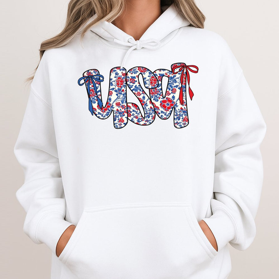USA Floral Coquette Bow Hoodie | Patriotic America Graphic Print | Cotton-Blend Comfort | 4th of July Independence Day Gift for Women