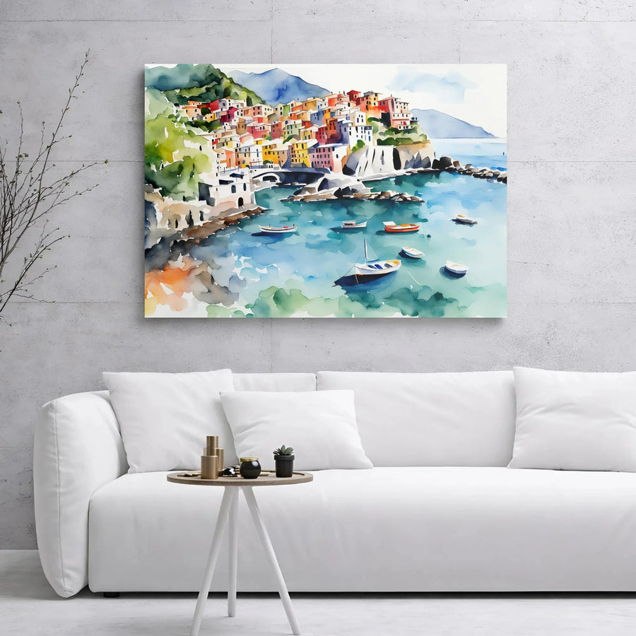 Cinque Terre Canvas Print | Watercolor Italian Coastal Village Art | 1.25 Inch Gallery Wrap | Mediterranean Home Decor Gift