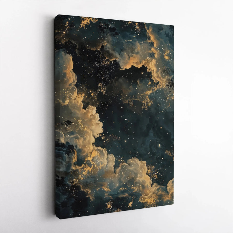 Abstract Night Sky Canvas Print | Golden Celestial Cloud Wall Art | Premium Gallery Wrap Decor | Modern Bedroom & Living Room Gift