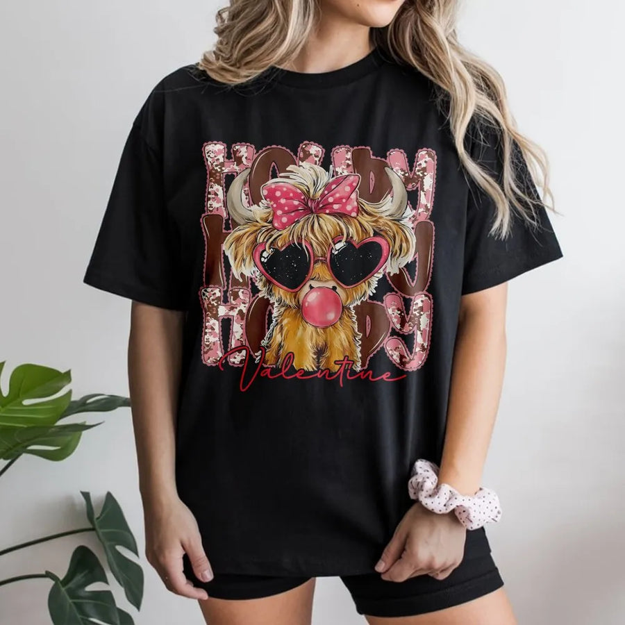 Valentine Highland Cow T-Shirt | Howdy Graphic Heart Sunglasses Print | Premium Soft Cotton Tee | Cute Farm Animal Gift For Her