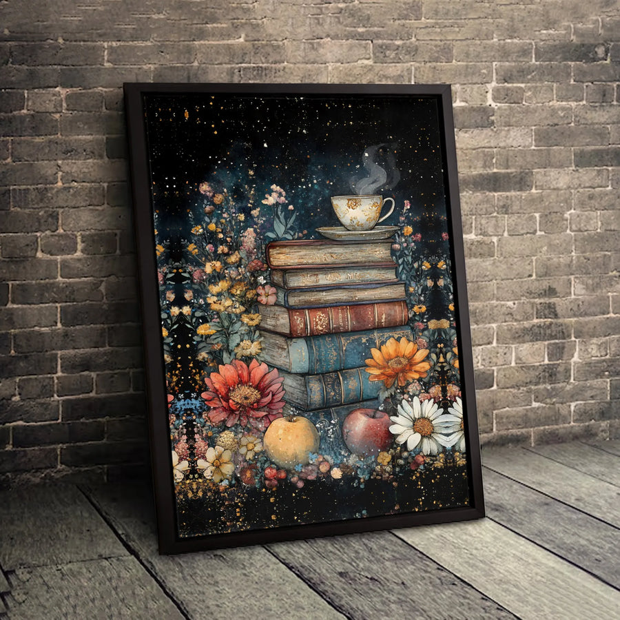 Dark Academia Canvas Art | Vintage Book Stack With Steaming Tea and Wildflowers | Gallery-Quality Fade-Resistant Print | Cozy Home Office Decor Gift
