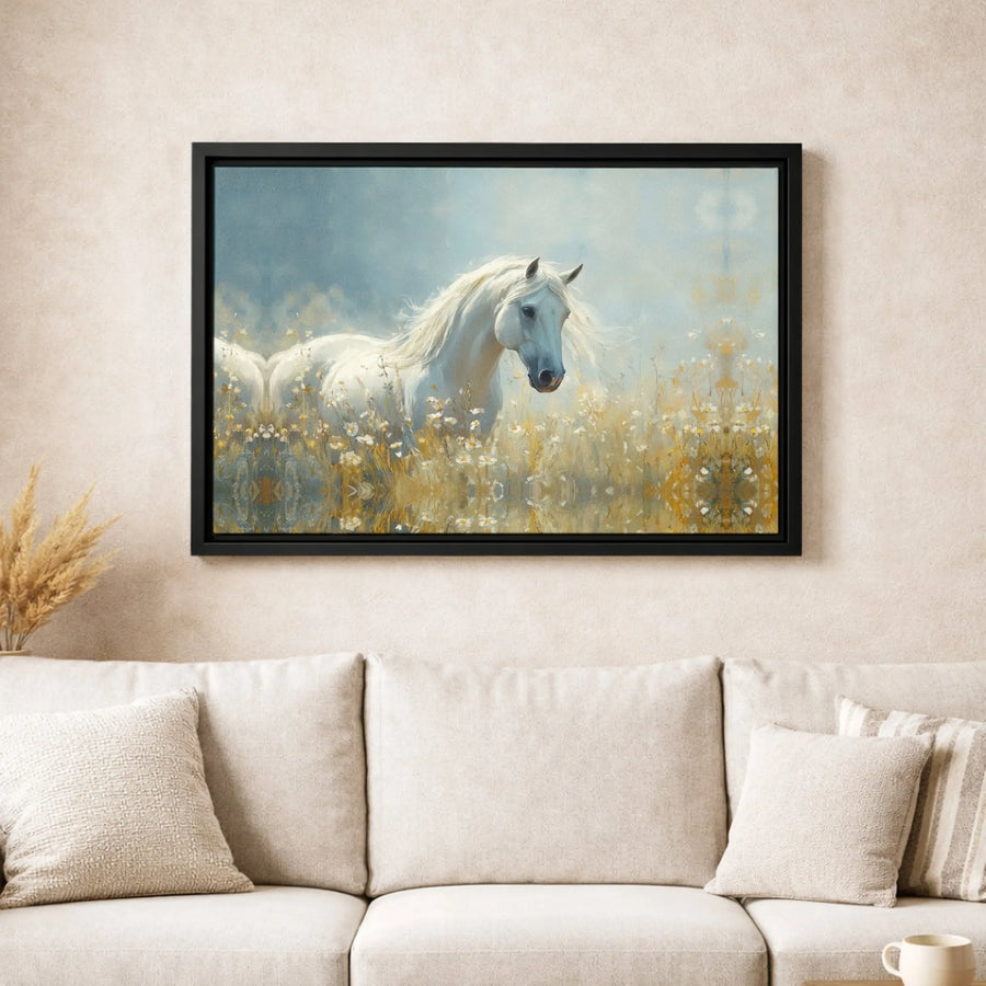 White Horse Canvas Wall Art | Majestic Equestrian Meadow Landscape | Premium Gallery Wrapped Print | Nature Home Decor Gift For Horse Lovers