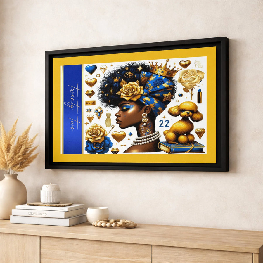 Black Queen Wall Art | Royal Blue and Gold Afrocentric Decor | Premium Stretched Canvas Print | Sorority Sister Birthday Gift Idea