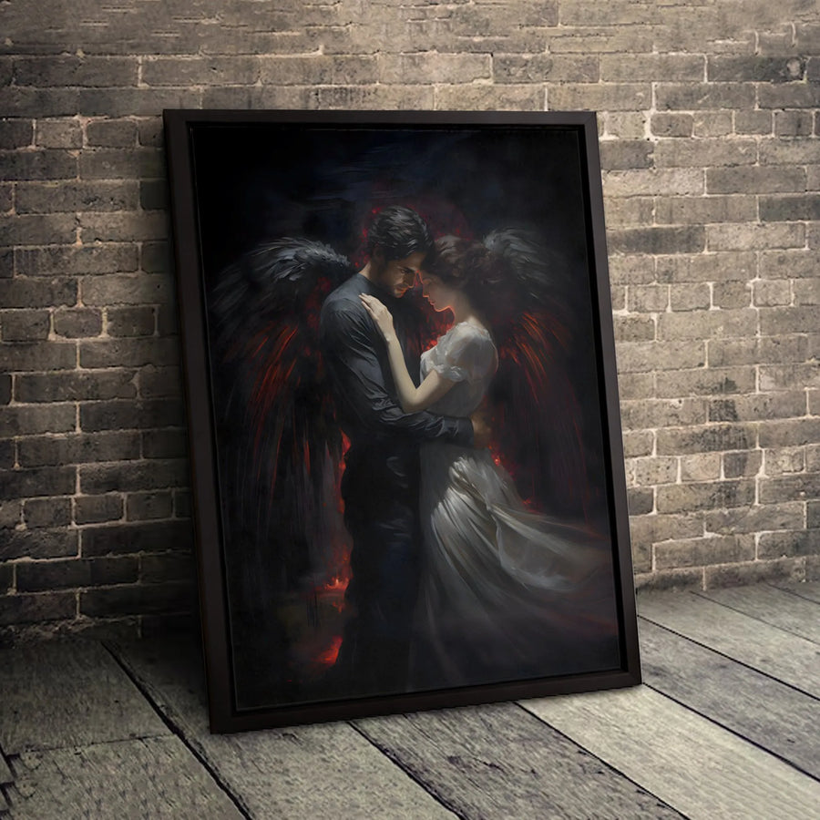 Dark Fantasy Angel Wall Art | Romantic Fallen Angel Embrace Canvas | Premium Gallery-Wrap Print | Gothic Bedroom Decor Gift for Couples