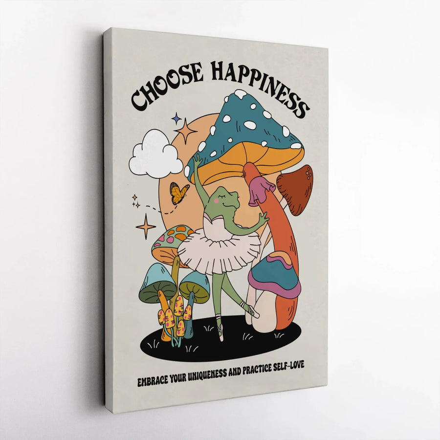 Choose Happiness Frog Mushroom Canvas | Retro Cottagecore Wall Art | Premium 1.25-Inch Gallery Wrap | Inspiring Aesthetic Decor Gift for Her
