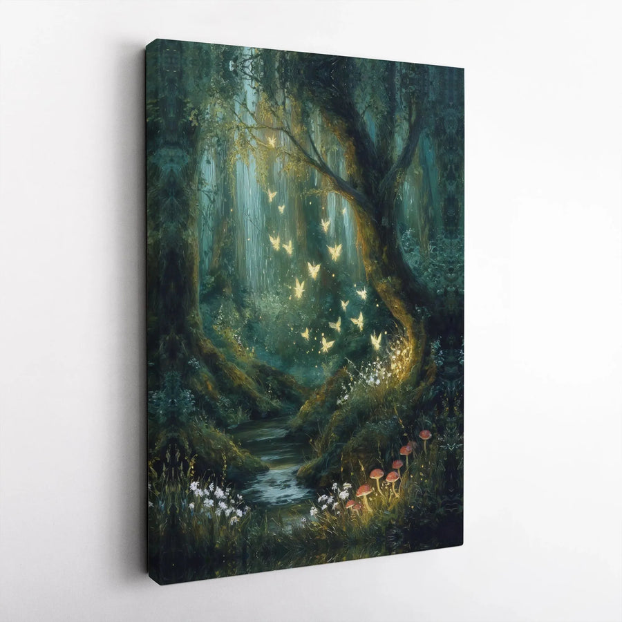 Enchanted Forest Canvas Art | Whimsical Glowing Butterflies Wall Decor | Premium Fade-Resistant Print | Magical Nature Home Gift