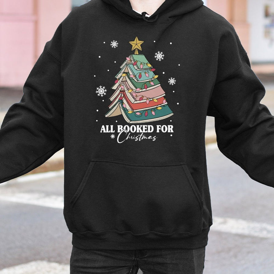 All Booked For Christmas Hoodie | Book Tree Graphic Sweatshirt | Premium Cotton-Blend | Cozy Book Lover Gift for Readers