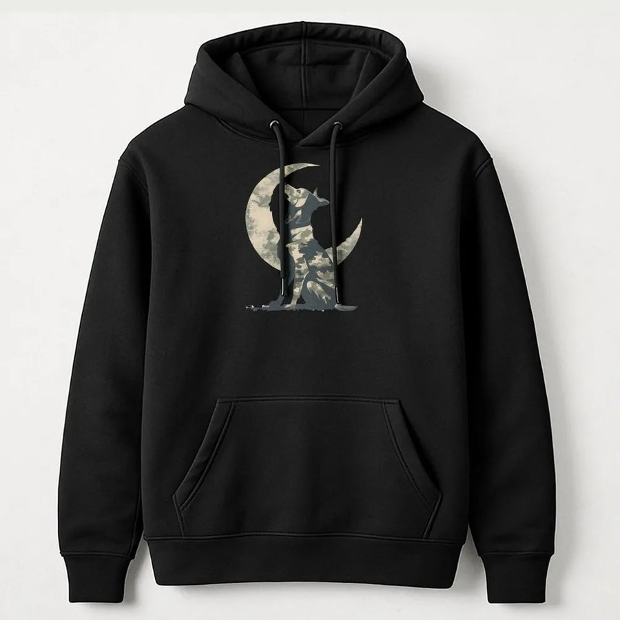 Camo Dog Moon Hoodie | German Shepherd Silhouette Graphic | Premium Cotton Blend | Outdoor Adventure Gift for Hunters and Dog Lovers
