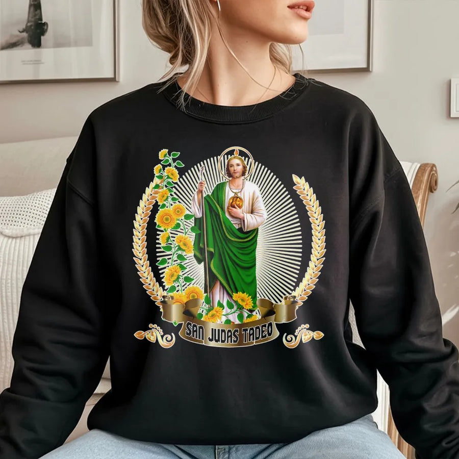 San Judas Tadeo Sweatshirt | Catholic Religious Graphic Apparel | Cotton Blend Crewneck | Saint Jude Devotion Faith Gift For Men And Women