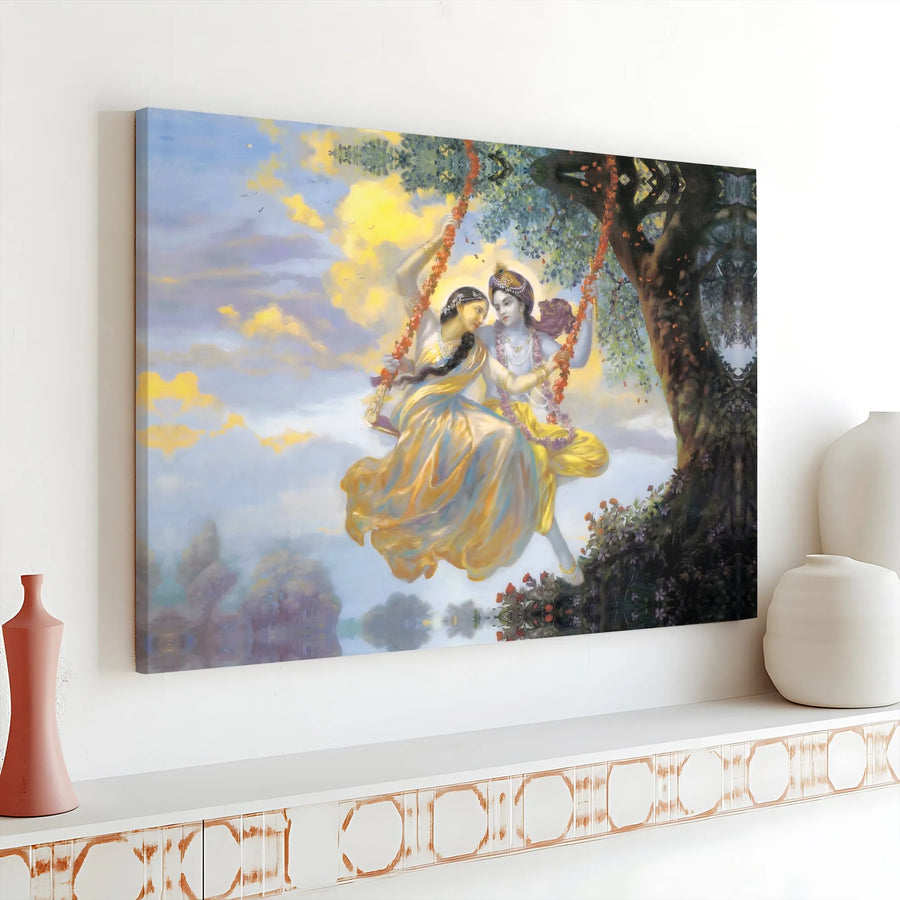 Radha Krishna Canvas Wall Art | Divine Love on Swing Painting | Premium Gallery Wrapped Canvas | Hindu God Decor Gift for Home