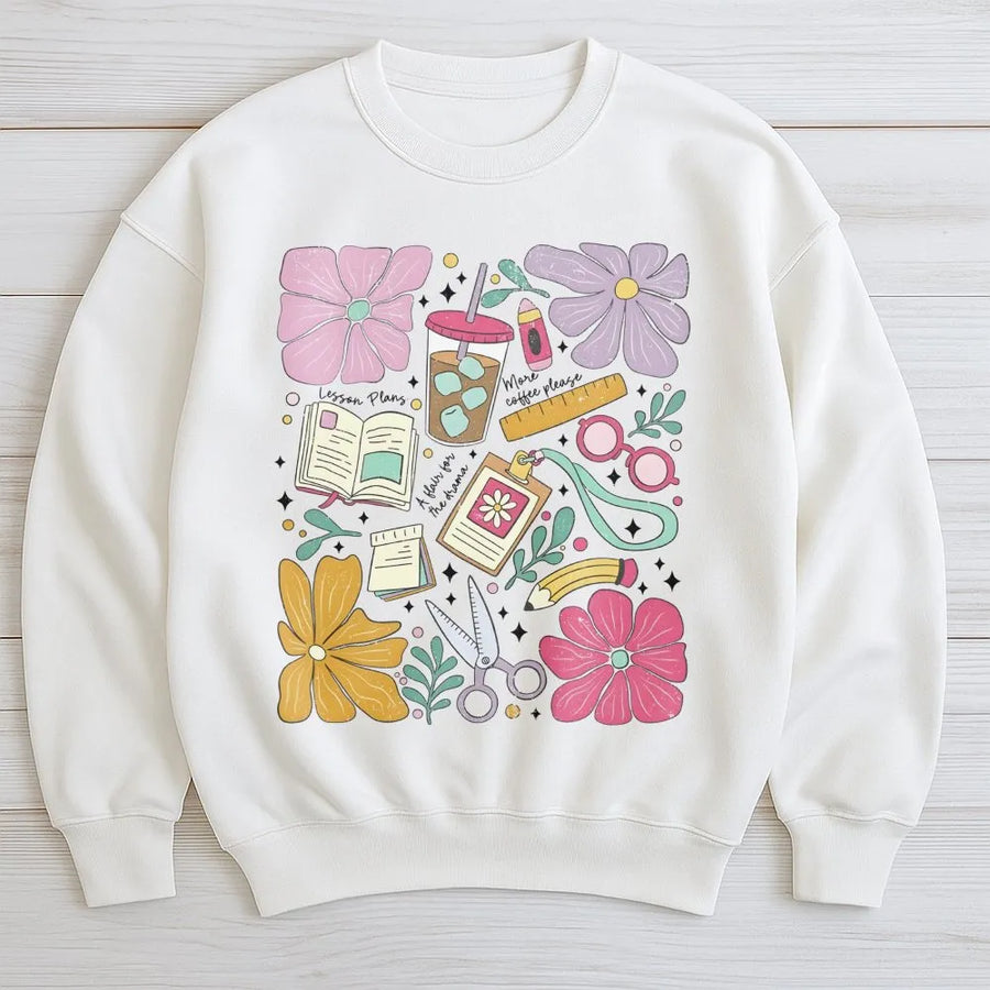 Teacher Sweatshirt | Retro Floral School Supplies Print | Soft Cotton Blend | Gift for Teachers and Educators