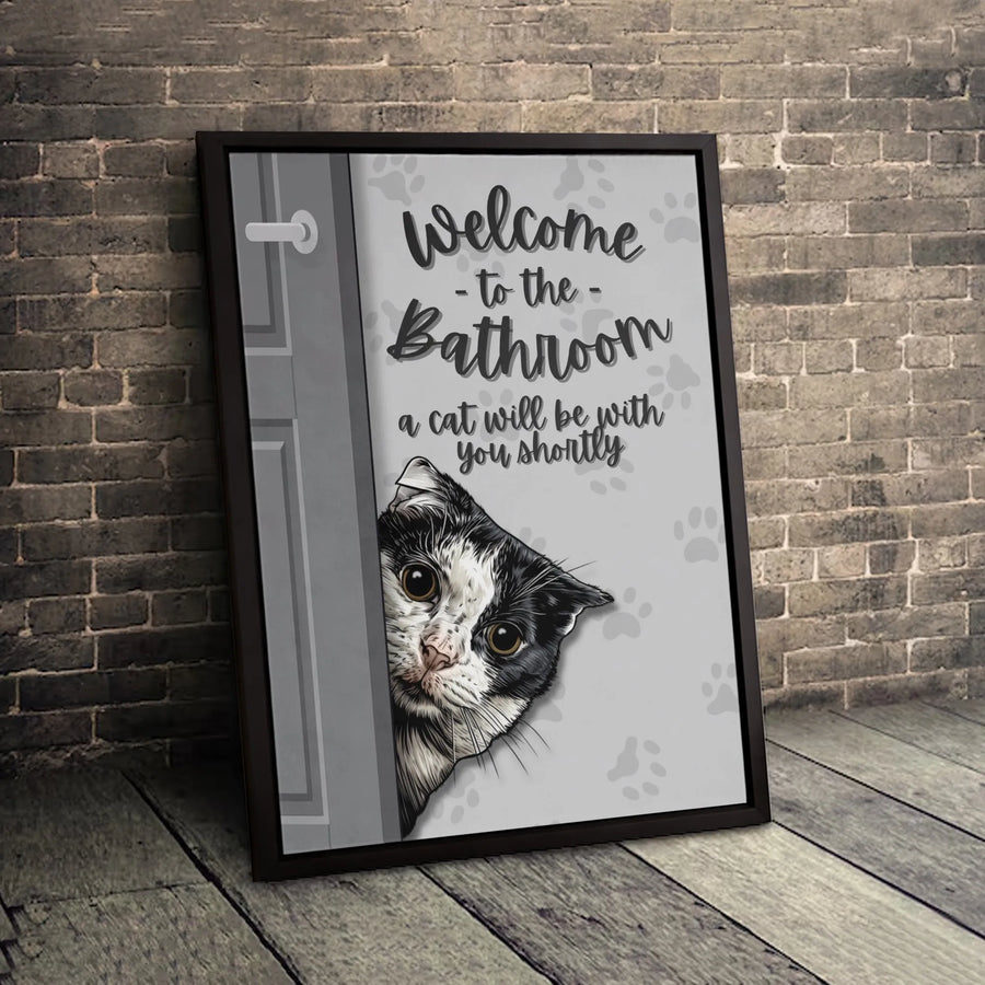 Funny Cat Bathroom Wall Art | Peeking Kitty Welcome Sign | Premium Gallery Wrap Canvas | Unique Cat Lover Gift for Home Decor