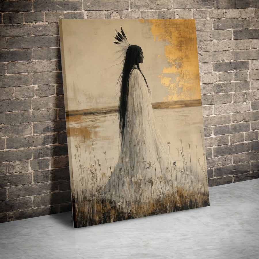 Native American Woman Canvas Wall Art | Golden Feather Portrait | Premium Fade-Resistant Gallery Wrap | Elegant Southwestern Home Decor Gift