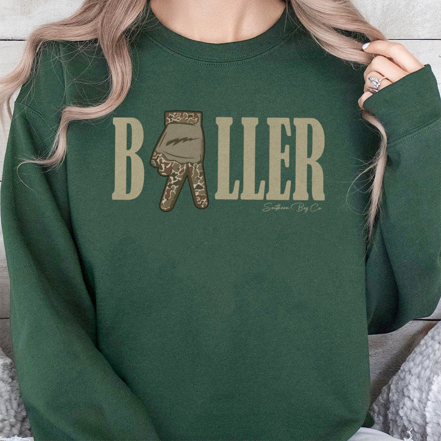 Baller Camo Hand Sign Sweatshirt | Trendy Sporty Graphic Crewneck | Premium Cotton Blend | Unisex Gift for Basketball Fans and Athletes