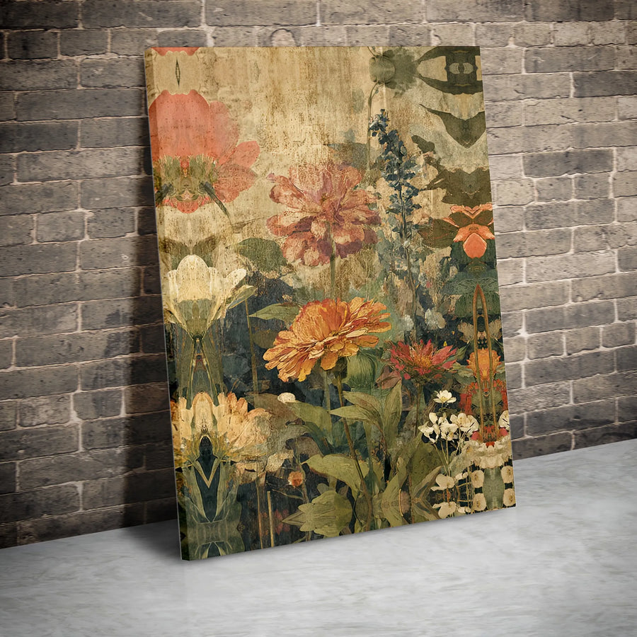 Vintage Botanical Wall Art | Distressed Floral Garden Canvas Print | Premium Gallery Wrapped 1.25" Profile | Moody Cottagecore Home Decor Gift