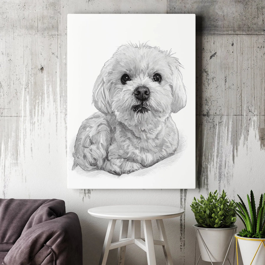 Cute Maltese Canvas Wall Art | Black and White Dog Pencil Sketch | Premium Fade-Resistant Print | Unique Pet Lover Home Decor Gift