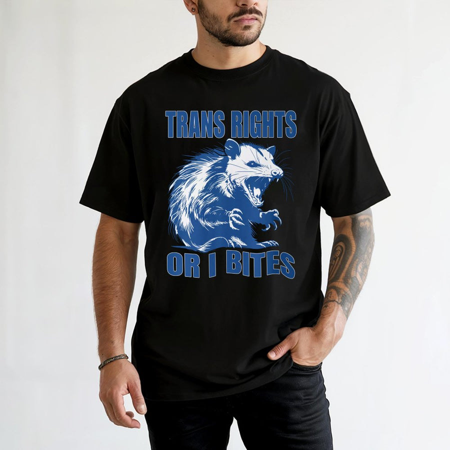Trans Rights Or I Bite T-Shirt | Funny Opossum Graphic Tee | Premium 100% Cotton Unisex Apparel | LGBTQ Pride Gift For Queer Allies