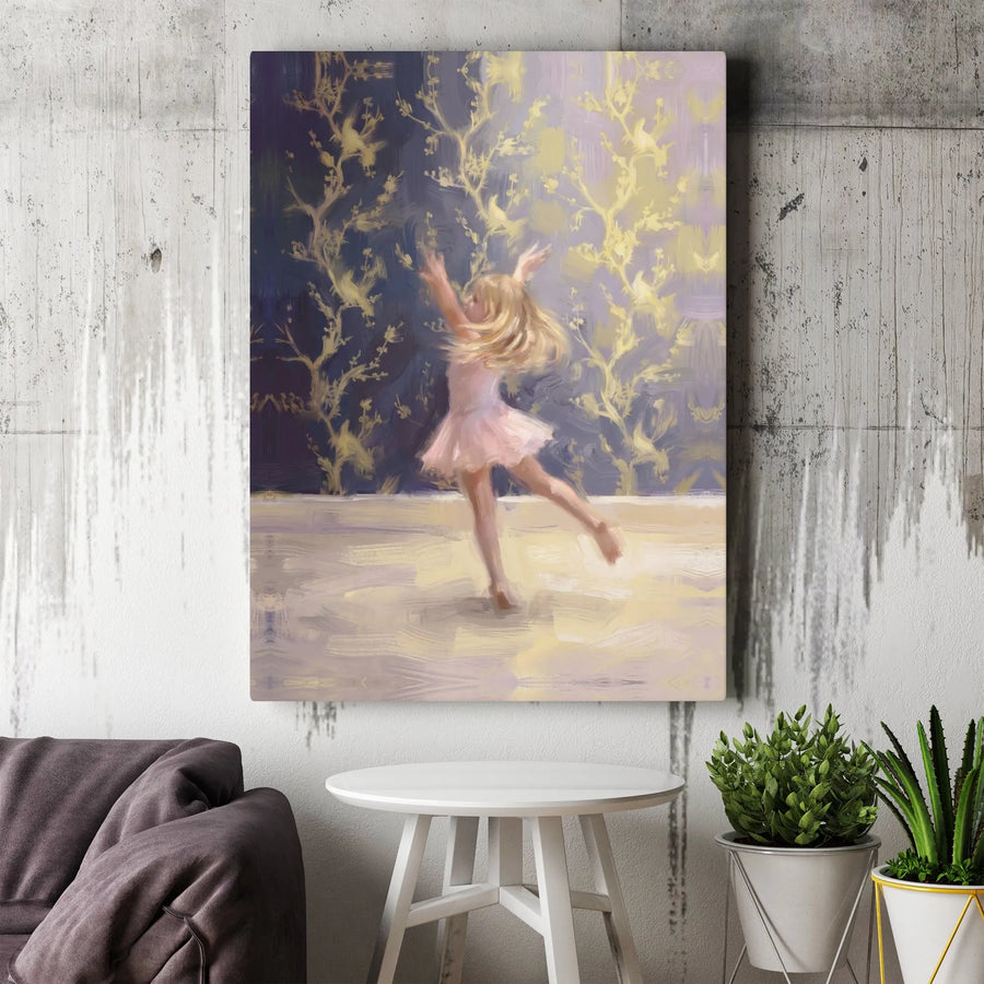 Impressionist Ballerina Canvas Print | Whimsical Dancing Girl with Golden Florals | Premium Gallery Wrapped Canvas | Nursery & Girl's Bedroom Wall Decor Gift