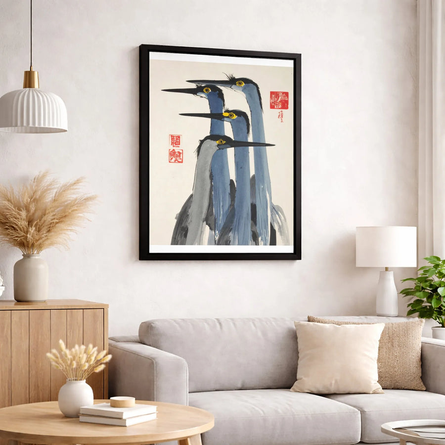 Japanese Heron Canvas Print | Traditional Ink Wash Bird Art | Gallery Quality 1.25-Inch Profile | Zen Asian Decor for Home & Office
