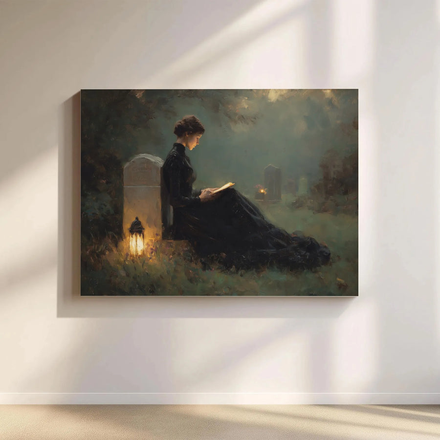 Gothic Victorian Wall Art | Woman Reading by Lantern in Cemetery | Gallery Wrapped Canvas Print | Moody Dark Academia Home Decor Gift