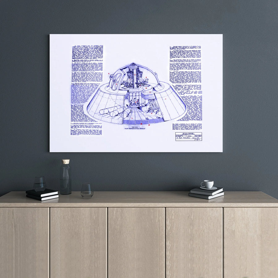 Alien Reproduction Vehicle Blueprint Canvas | UFO Schematic Wall Art | Premium Gallery Wrap Decor | Sci-Fi Collector Gift for Space Enthusiasts