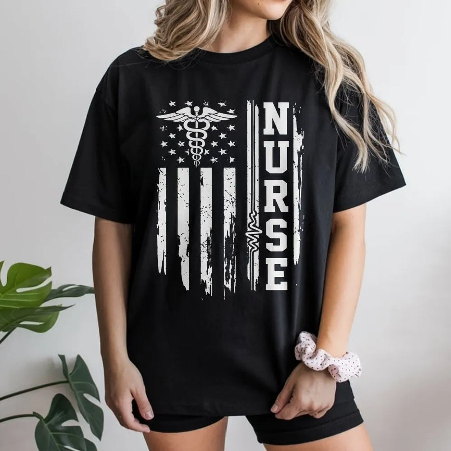 Nurse American Flag T-Shirt | Distressed Caduceus Heartbeat Design | Premium Cotton Apparel | Patriotic Nursing School Graduation Gift for RN LPN